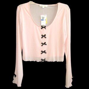 Sugar Moon Pink Bow Front Top Size XL Long Sleeve Sheer Mesh Kawaii Y2K New Tag